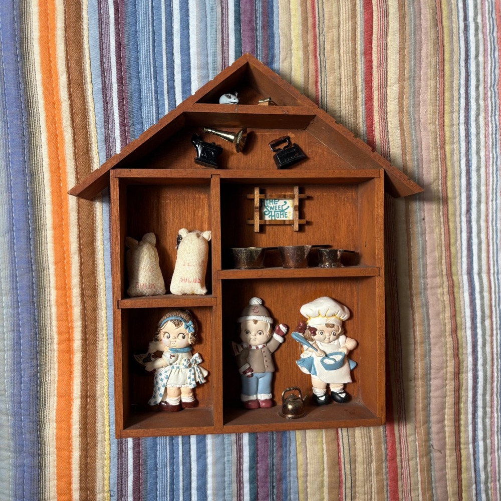 Vintage Wooden House Shadow Box Miniature Kitchen Figurines Home Sweet Home